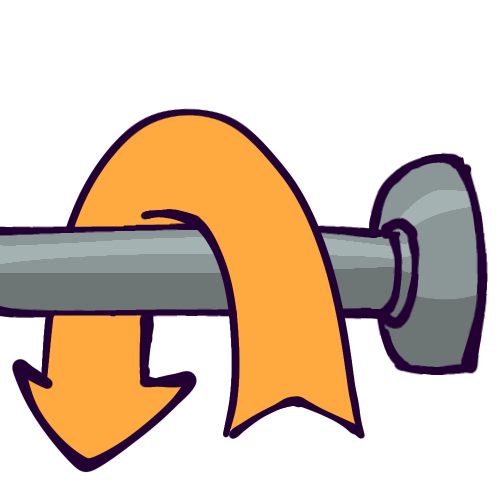 A horizontal metal rod with a thick base to mount onto a wall, like a towel rod. An orange arrow goes up, over, and around the rod, appearing to hang off of it.